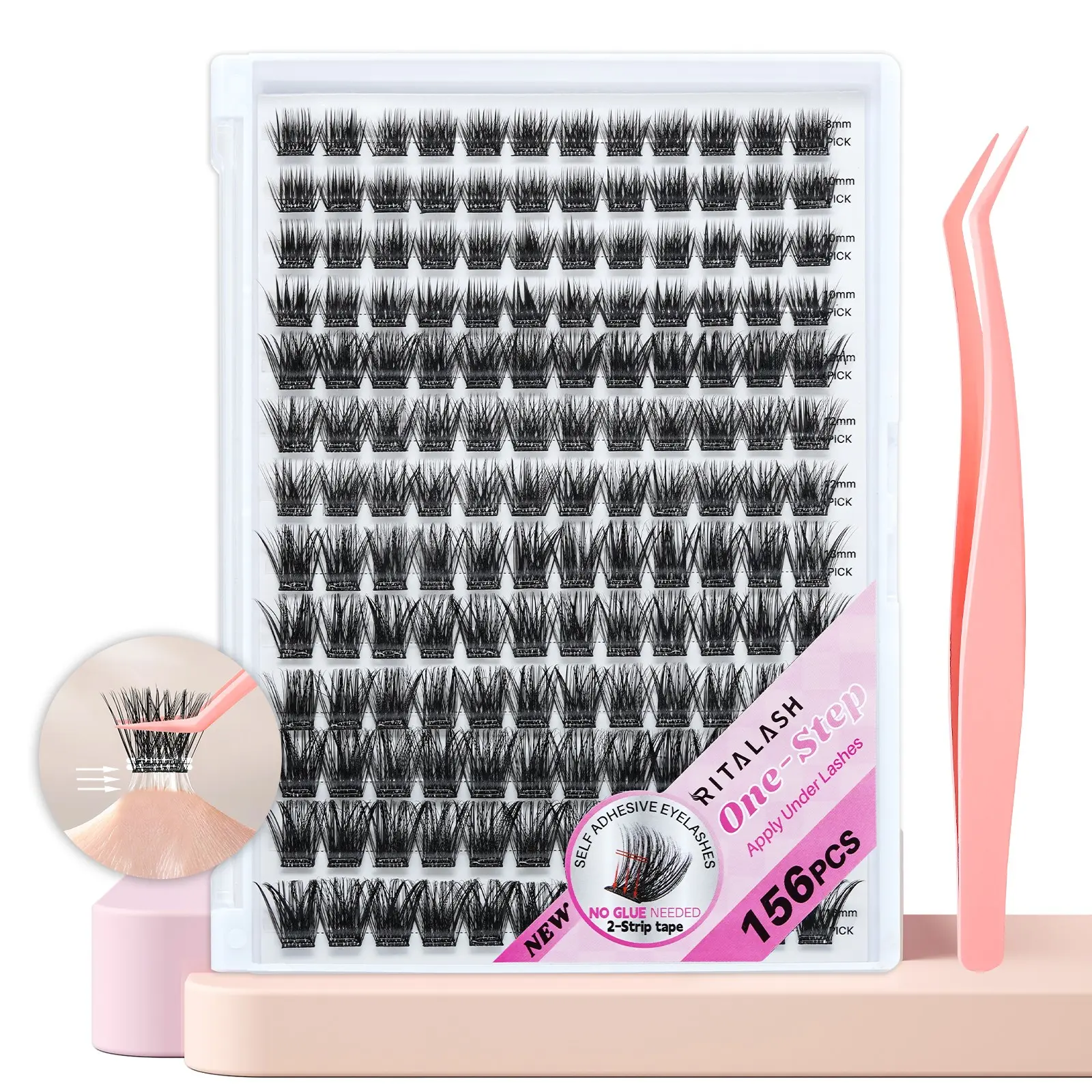 RITALASH 156 Pcs Self Adhesive Volume Eyelash Clusters, Perfect Density Lashes, No Glue Needed, Invisible 2-Strip Tape - Longer Lasting, No Sticky Residue Pre Glued Eyelashes with Anti-Stick Tweezers Easy Control for Beginners