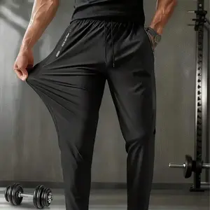 Men's Lightweight Breathable Elastic Running Pants For Summer, With Zipper Pockets And Drawstring Waist, Soft And Comfortable Icy Silk Fabric, Solid Color Sports Trousers, Suitable For Casual, Outdoor, Workout, Holiday, Fishing Activewear Bottoms