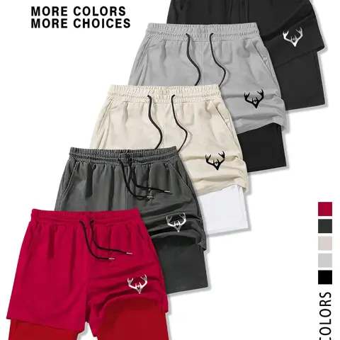 Men's Deer Horn Print Drawstring Waist Lightweight Sporty Shorts, Outdoor Workout Shorts, Casual Athletic Shorts, Regular Fit Casual Comfy Soft Breathable Shorts for Daily Outdoor Wear, Men's Bottoms for All Seasons