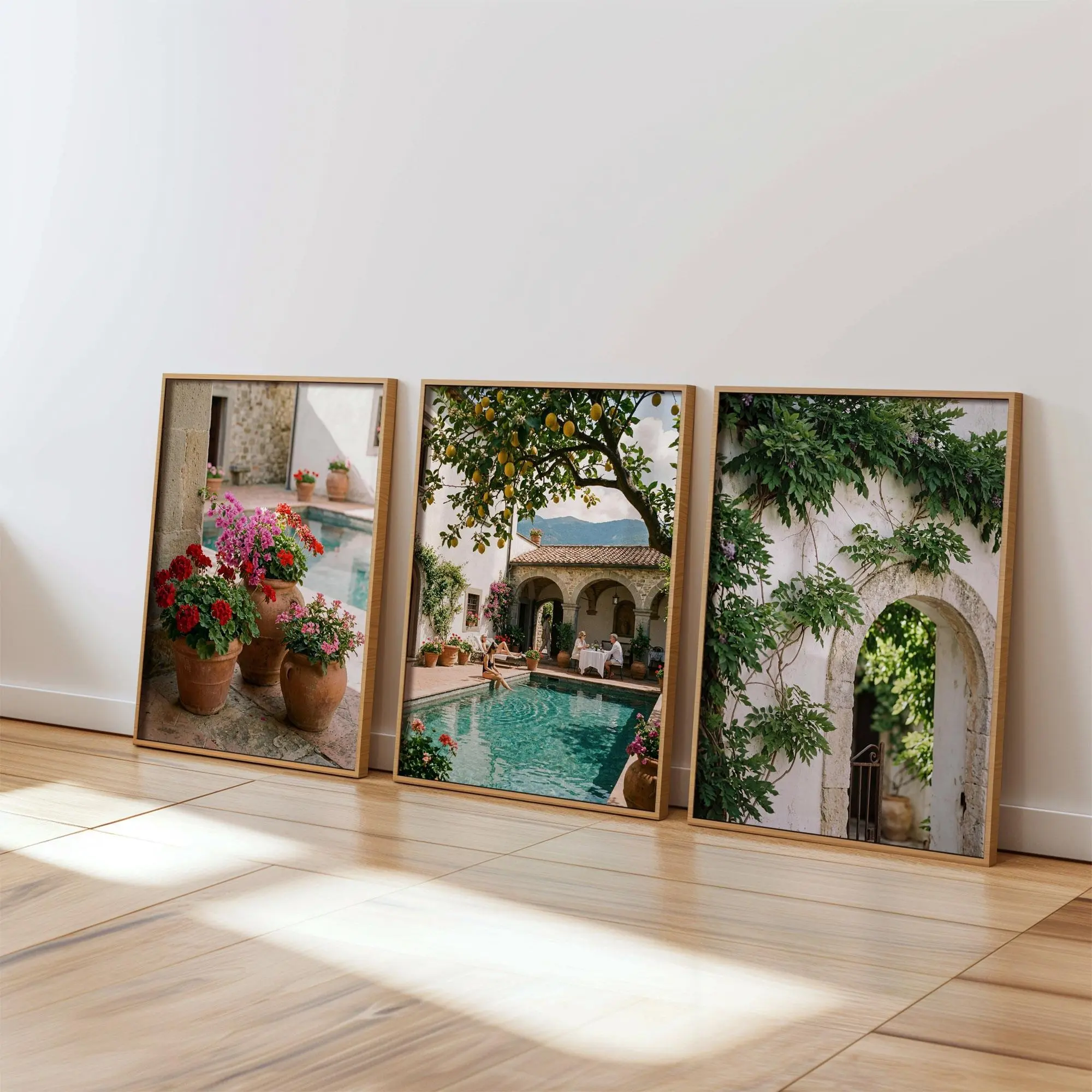 3-Piece Mediterranean Summer Paper Prints - Customizable Amalfi Coast Artwork, Italian Terracotta Luxury Villa Decor, Lemon Tree & Flowers Themed Old Money Home Wall Posters with Quick Drying Printing