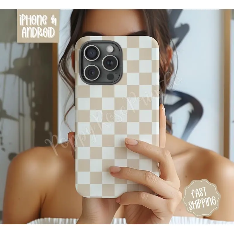 Beige Checkered Smartphone Case - Custom Handheld Cellphone Casing, Shockproof Tough Protective Cover, Accessories