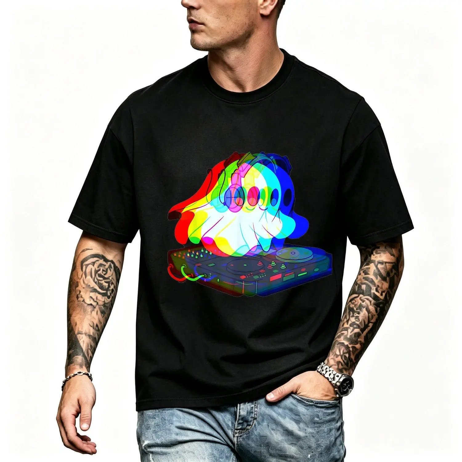 Men Short sleeve T shirts House Music Halloween Techno Rave Party Black with Vibrant Neon DJ Design Graphic Print Casual Summer Tee Shirt Top