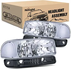 Nilight Headlight Assembly Replacement - Vehicle Lights, Car Parts for 1999-2006 GMC Sierra Yukon, Smoke Bumper Light, Chrome Housing, Tinted Corner, Transparent Lens