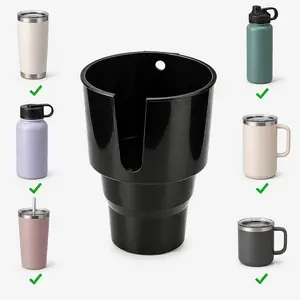 Car-mounted cup holder extender with large cup holder. Compatible with 32-40oz insulated cups and sports water bottles. Features U-shaped handle groove for stability. Automotive water cup holder.