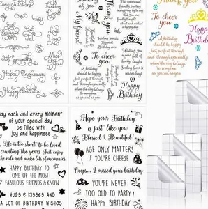 4 Sheets Sentiments Rubber Clear Stamps Set for Birthday Card Making and 3 Pcs Acrylic Stamp Block Tools with Grid Lines Happy Birthday, Books Stamps Craft Supplies for DIY Scrapbooking