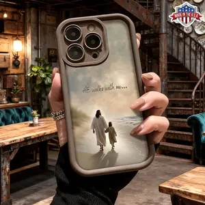 Vintage Christian Jesus Walks With Me Beach Aesthetic Design Case for iPhone 17 16 15 14 Pro Max 13 12 11 XR XS Plus Air Slim Shockproof Protective Anti Scratch TPU Cover