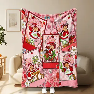 Strawberry Shortcake Flannel Throw Blanket, Sweet Strawberry Girl & Cat Design, Soft Lightweight Cozy, Kids' Room Sofa Decor, Nostalgic Gift
