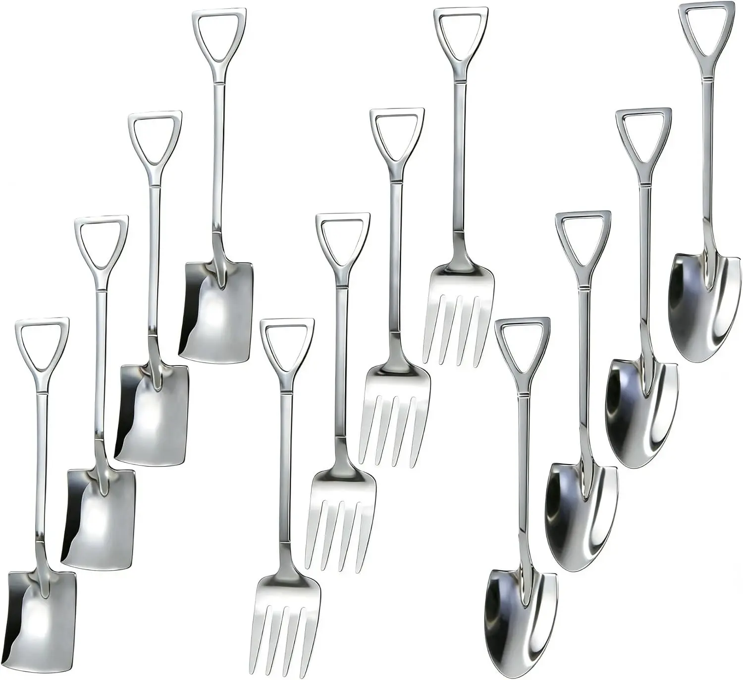12PCS Dessert Spoons and Forks Set, Stainless Steel Shovel Shape Ice Cream Spoons, Mini Unique Silverware for Home Cocktail Appetizer Party Coffee Yogurt Cake Fruit (Silver)