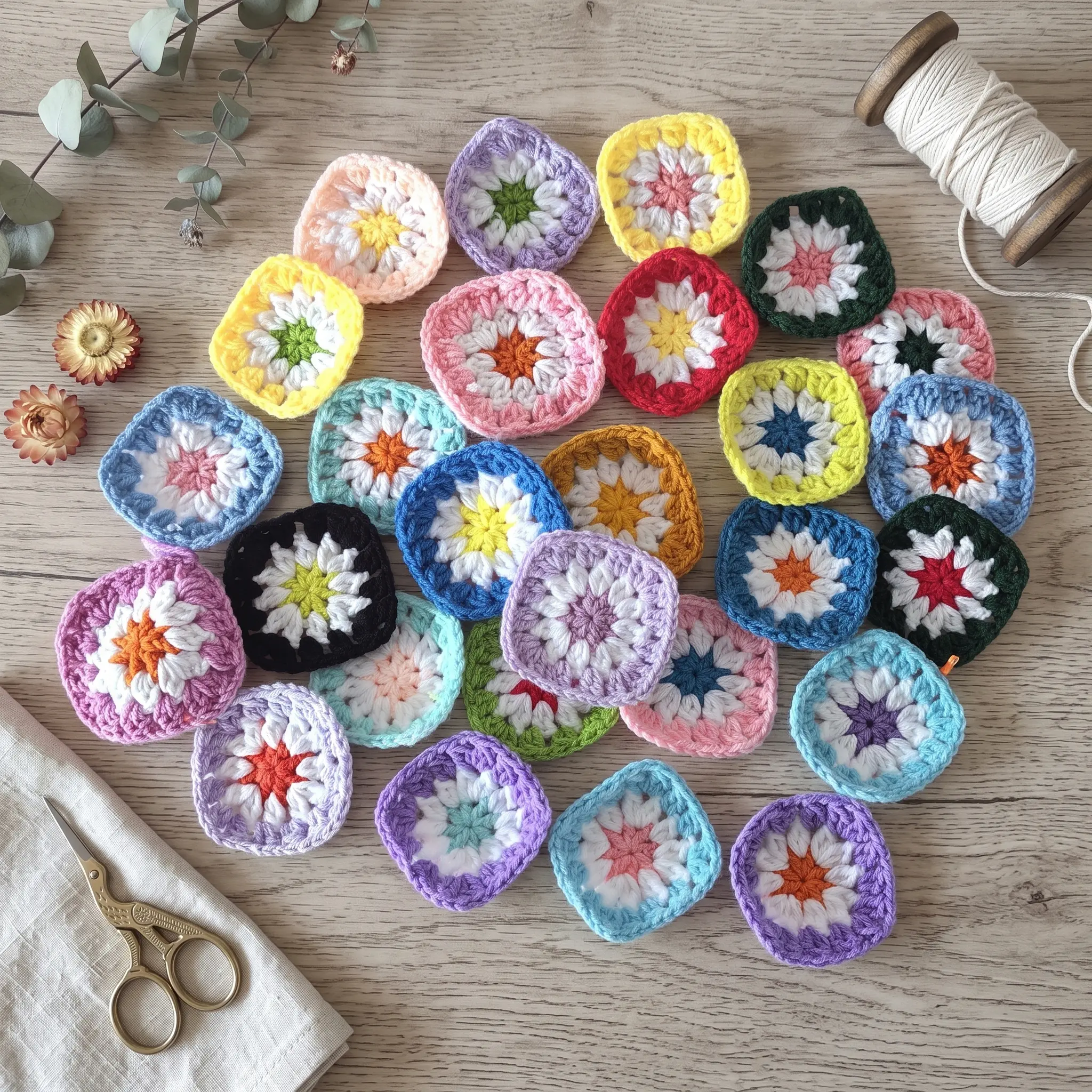 50PCS Classic Cottagecore Handmade Crochet Granny Square Appliques - Farmhouse Vintage Charm Doily Embellishments for DIY Crafts, Baby Shower Decorations, Home Decor