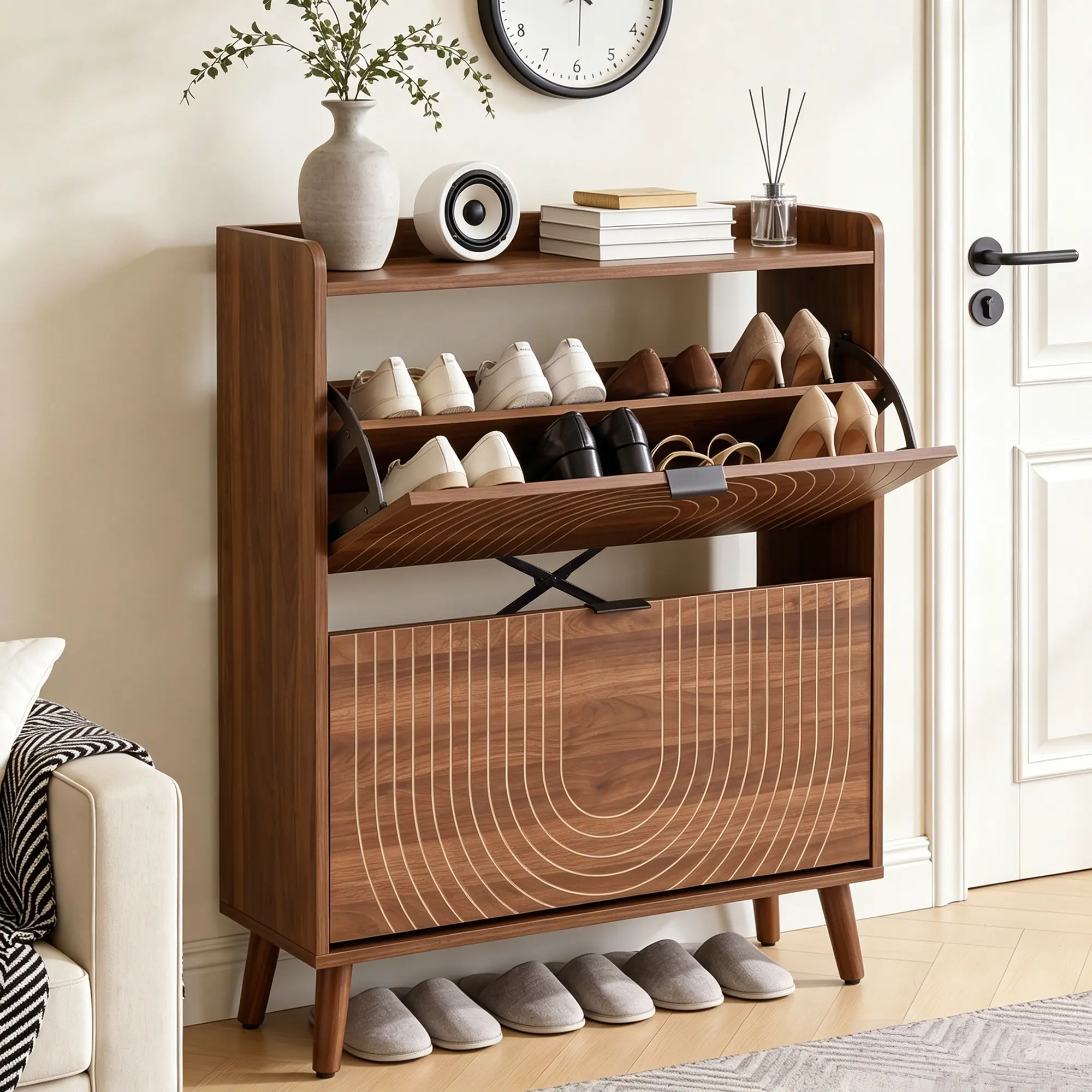 FurSch Flip Drawer Shoe Cabinet with Storage, Entryway Shoe Rack with Display Shelf and Hidden Compartment, Narrow Wooden Shoe Organizer for Hallway