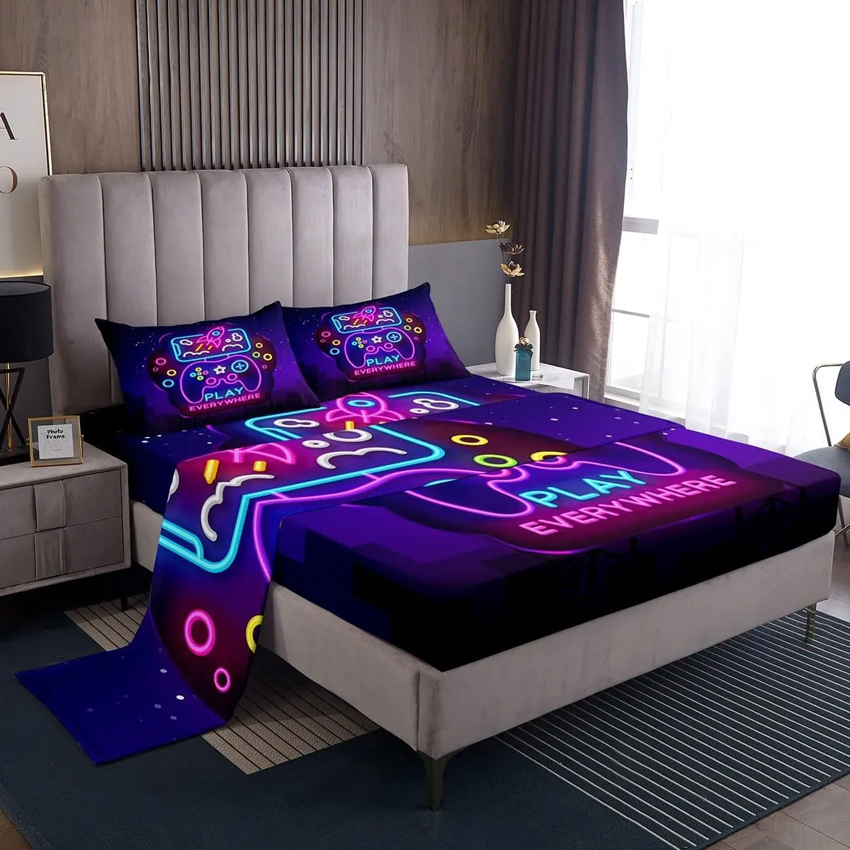 Feelyou Microfibre Gaming Bed Sheets Set - Soft Purple Gamepad Print Bedding, Deep Pocket Fitted Sheet, Modern Gamer Style, Reactive Printing Dyeing Process, Multi-Size Bedding for Kids