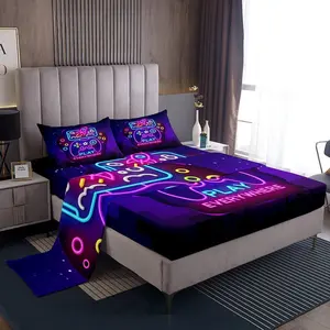 Feelyou Gaming Sheet Set - Microfiber Luxe Purple Gamepad Print Bedding, Deep Pocket Fit Fitted Sheet, Modern Gamer Look, Reactive Dye Multi-Size Bedding for Kids