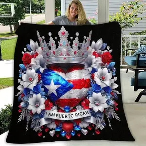 Crown Floral Puerto Rico Flag Flannel Blanket - Ultra Soft, Non-Shedding, Machine Washable, Suitable for Living Room, Bedroom, Travel, and Camping - Bright National Pride Home Decor, Cultural Aesth  Christmas gift  Dream Weave Home