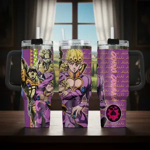 Giorno Giovanna Inspired 40oz Tumbler with Handle and Straw, JoJo Anime Manga Travel Mug, Golden Wind Style Cup, Personalized Name Drinkware, Gift for Fans