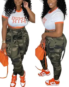 Women's Casual Camouflage Overalls Long Pants Street Style with Orange Accents Matching Sneakers and Trendy Crop Top