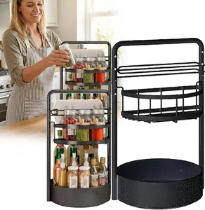 2 Tier Lazy Susan Organizer with Paper Towel Holder, Rotating Spice Rack for Kitchen Countertop Cabinet Pantry, Height Adjustable Metal Turntable Storage Organizer for Spice Bottles, Condiments, Olive Oil, Cosmetics, Snacks and Bathroom Supplies
