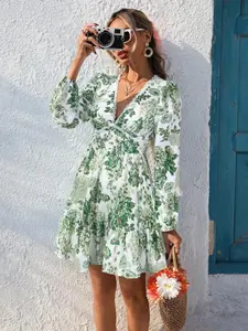 2026 Lace Trim V-Neck Print Casual Chic Vacation Party Long Sleeve Dress, Elegant Evening Gown, Perfect for Special Occasions