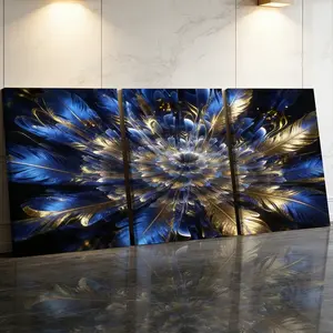 3 Counts Wooden Framed Canvas Painting, Blue And Gold Feather Bloom Images, Exquisite Poster, Perfect Gift, Decor For Living Room, Bedthroom, Modern Art, Fashion Family Poster, Wall Art Decoration