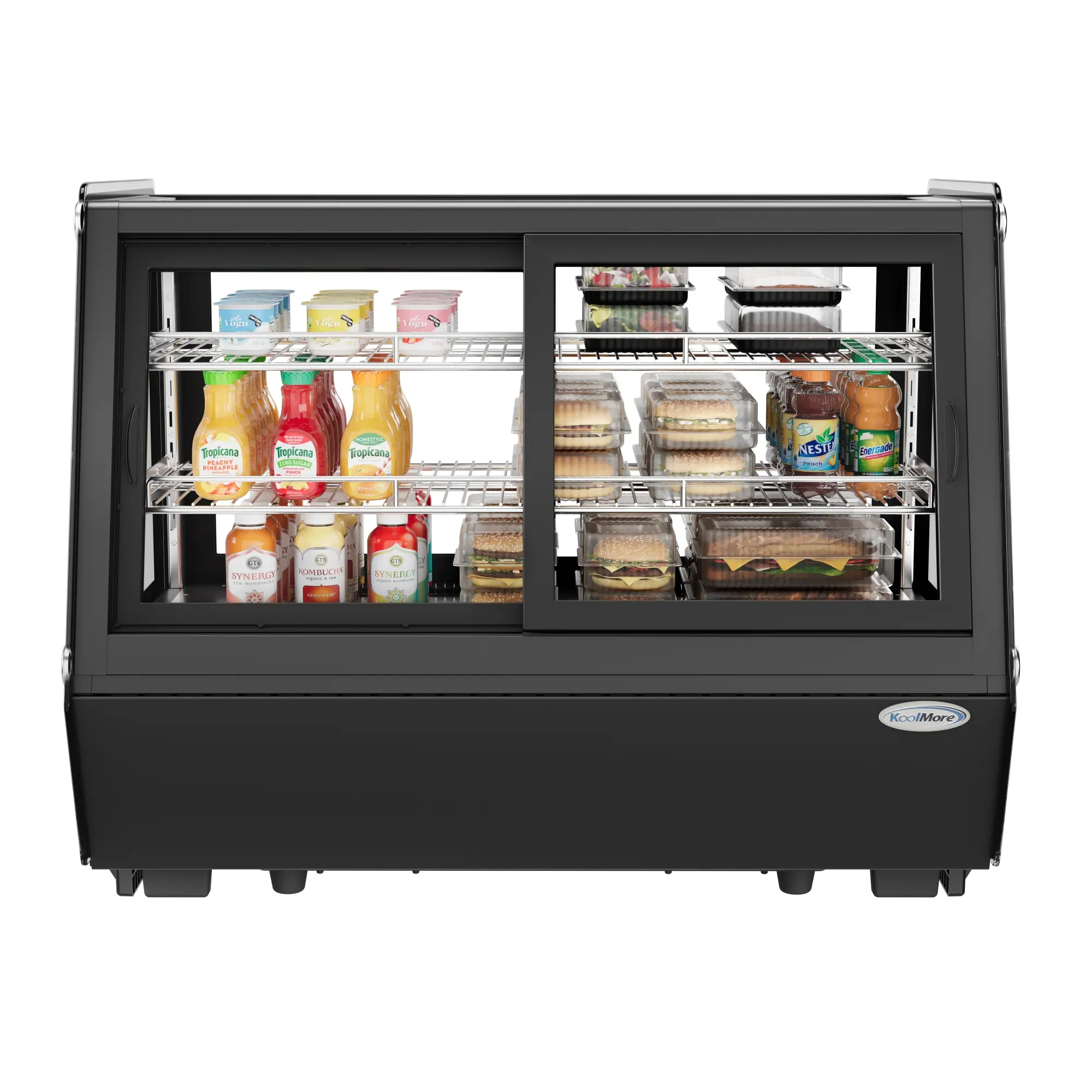 KoolMore 35 in. Self-Service Countertop Glass Display Refrigerator - CDC-165-BK, Auto Defrost, Black, Dual Sliding, 33°F - 53°F, 34.6 in. L x 22.4 in. W x 27 in. H, Bright LED Top Lighting, Digital Temperature Controls