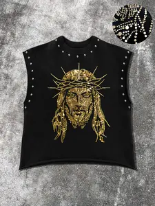 Men's Round Neck Vest, Jesus Rhinestones + Studs Design, Fashion Casual Clothing, Suitable for Daily & Special Occasions, Graphic Tank Top