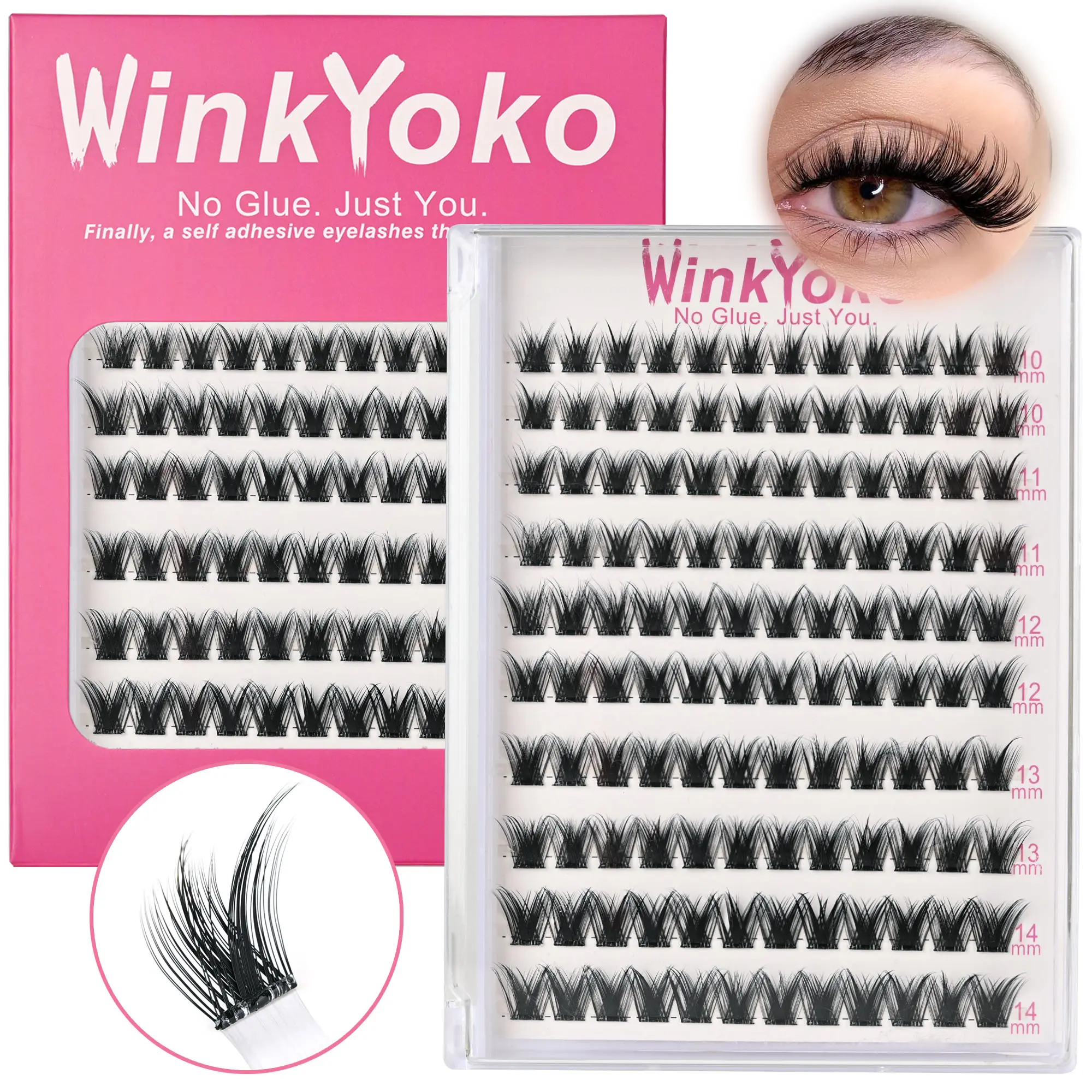 Self Adhesive Eyelashes-KIRA Fairy Styles, WinkYoko BASF Self Adhesive Lash Clusters Beginner Friendly, C Curl Wispy Press On Lashes, 8-14mm Mixed Length Natural-Look Cluster Eyelash Extensions, Pre Glued No Glue DIY Individual Lashes with Soft Thin Band