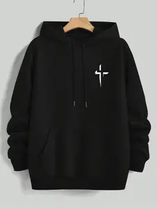 Men's Casual Hooded Sweatshirt with Unique Geometric Cross Print, Drawstring Pocket Long Sleeve Pullover, Fall & Winter Streetwear