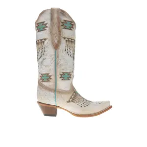 Corral Boots Womens Embroidered Southwest Pull On Snip Toe  Casual Boots Mid Calf Mid Heel 2-3" - White
