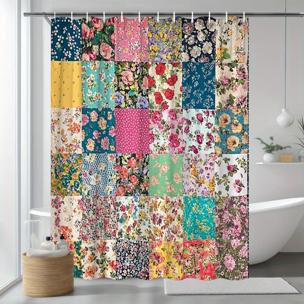 【summervibes】Colorful Patchwork Quilted Curtains, Featuring Vintage Flowers and Polka Dot Patterns, Made of Soft Pink Fabric, Measuring 72X72 Inches. Modern Bathroom Decoration with Hooks