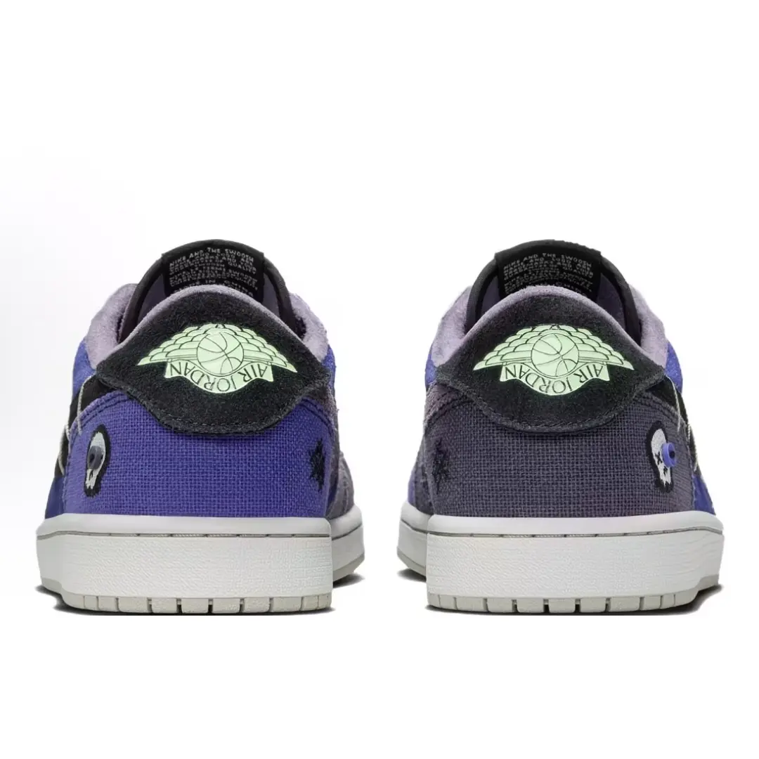 Edgy streetwear low‑top kicks, durable purple canvas‑suede build, graphic stitch details, off‑white rubber sole, lace‑up silhouette for goth casual fashion looks