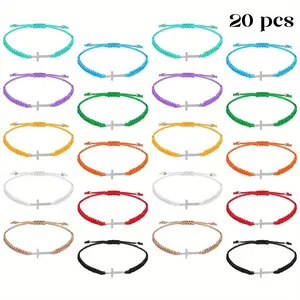 20pcs Adjustable Stainless Steel Bracelets with Braided Rope & Cross Charm - Red/Black Minimalist Jewelry for Women, Couples, Spouses - Christmas Gifts, Casual Attire, Year-Round Accessories, Spouse Gifts, Simple Elegance, Durable Jewelry