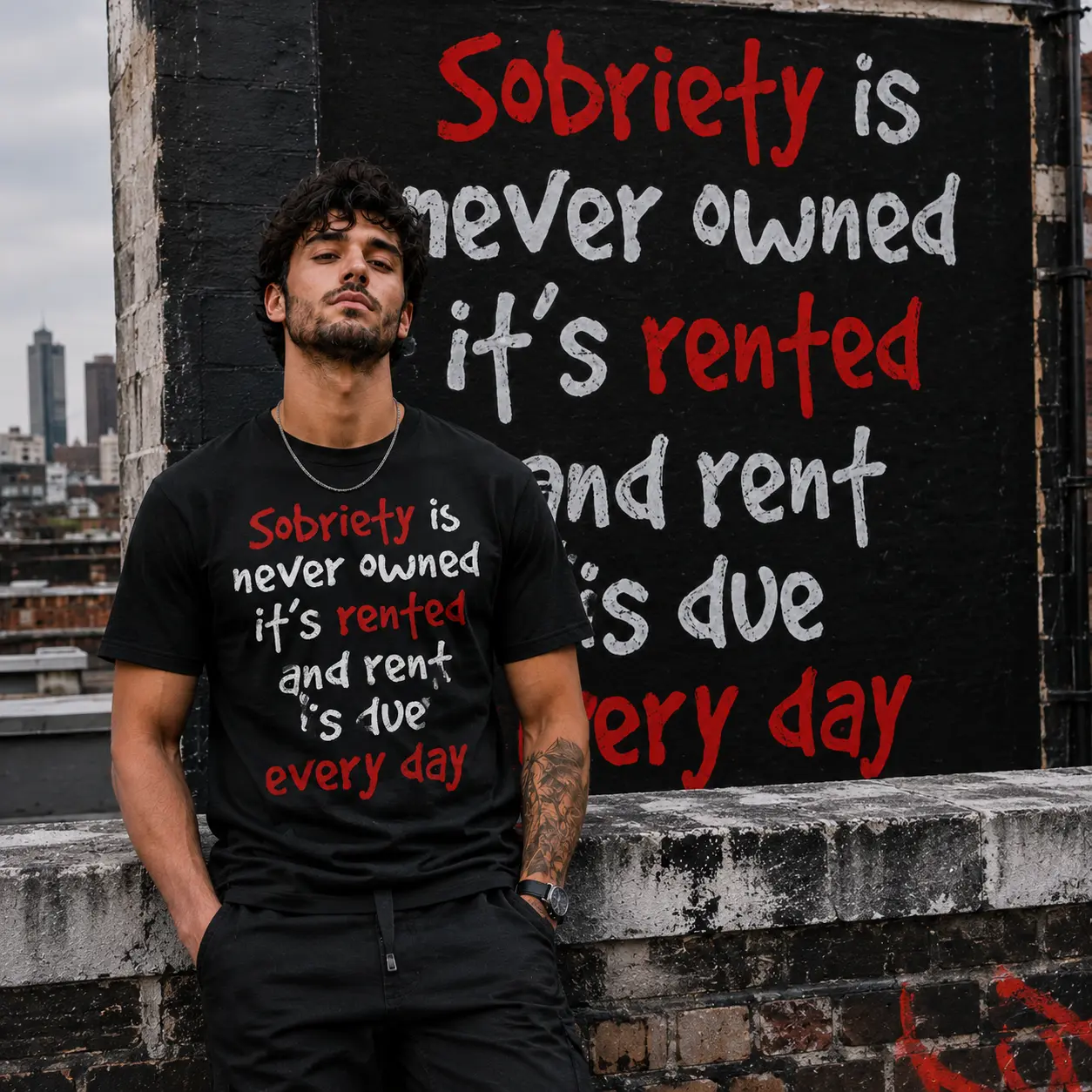 Men’s Sobriety Recovery T-Shirt, “Sobriety Is Never Owned, It’s Rented and Rent Is Due Every Day” Quote Graphic Tee, Black Short Sleeve Crew Neck Recovery Support Shirt, Meaningful Gift for Men