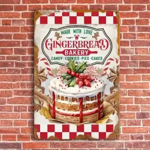 Vintage Gingerbread Bakery Aluminum Sign with Checkered Pattern Country Christmas Wall Decor for Home Kitchen Cafe