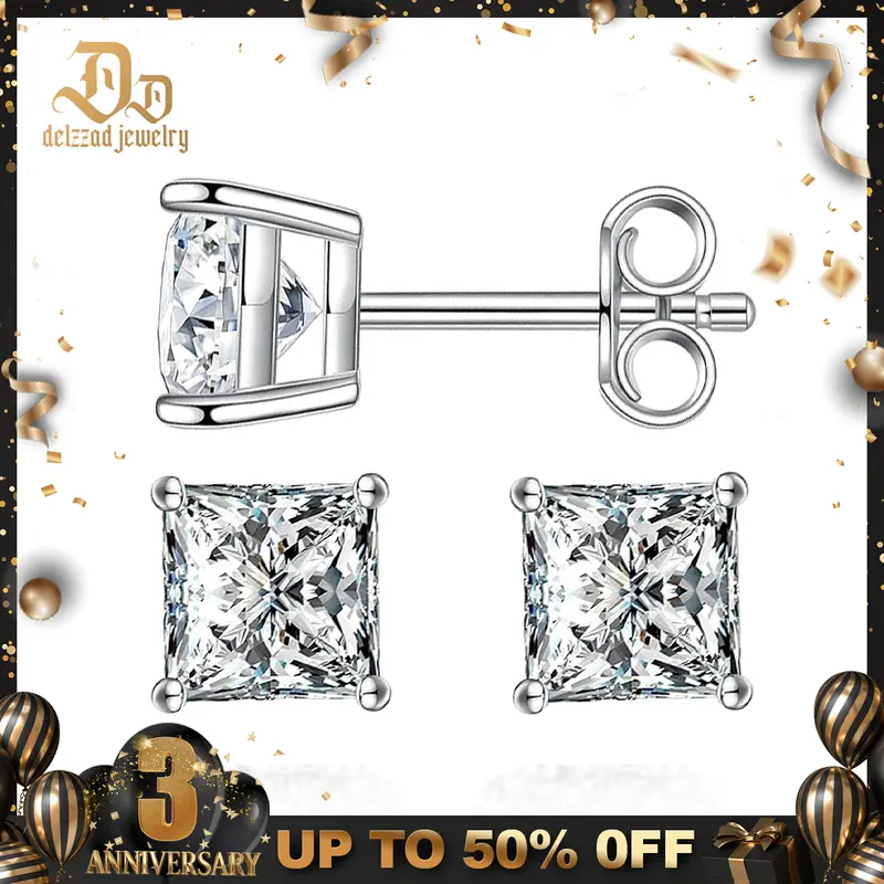 Delzzad S925 Princess Cut Stud Earrings Lab-Created Moissanite Stud Earring Moissanite Jewelry Perfect Birthday Mother's Day Christmas Gift for Men Women Wedding Set