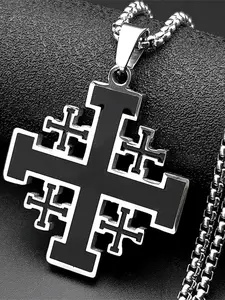 Christian Black Enamel Jerusalem Cross Pendant Necklace for Men Women Stainless Steel Gold Color Prayer Chain Amulet