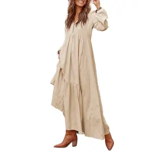 Women's Cotton Linen Peasant Maxi Dresses Button Up Long Sleeve Pleated Tiered Dress Vintage Flowy Swing Tunic Dress Casual Boho Style Bohemian Boho Casual