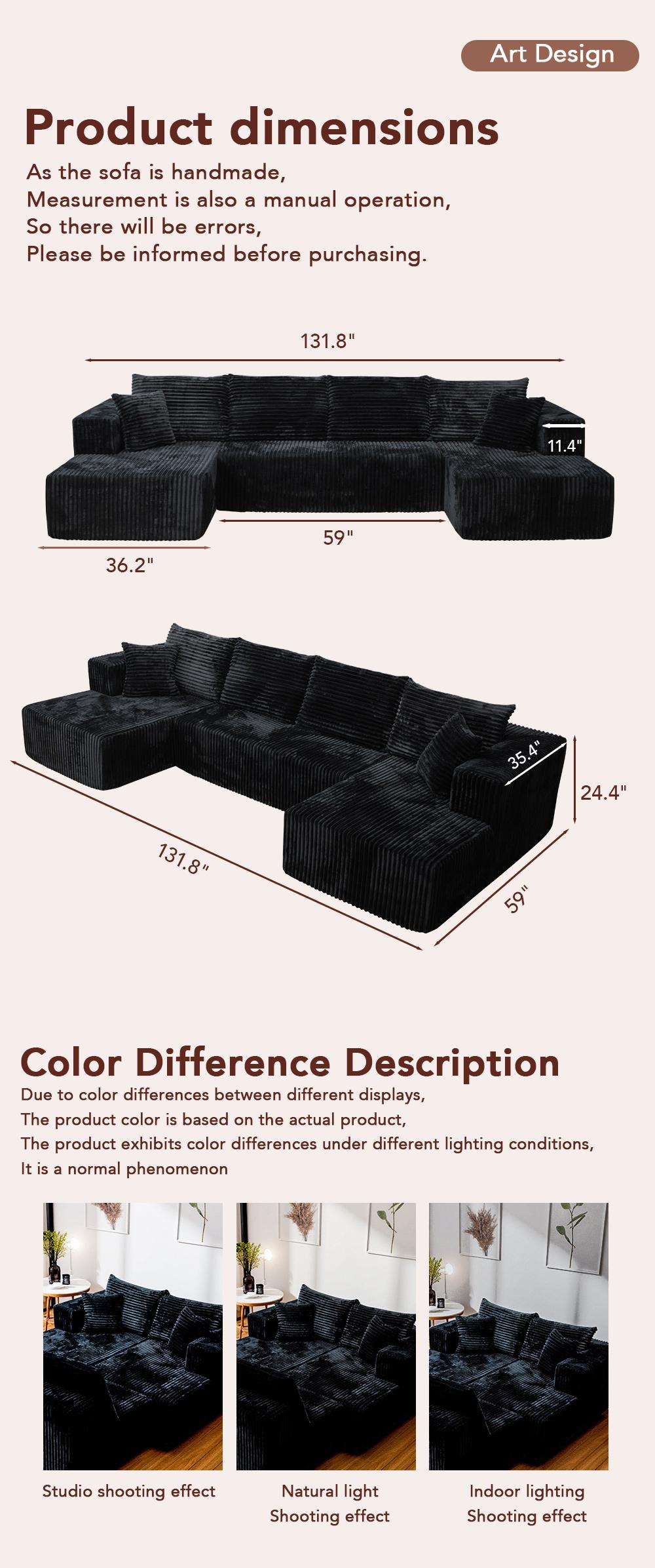 [Delivery of 3 items] [4 free throw pillows] 132-inch U-shaped modular modular sofa bed, textured cotton fabric material, suitable for living room, featuring a soft velvet fabric and deep seat design of convertible textured modular sofa bed