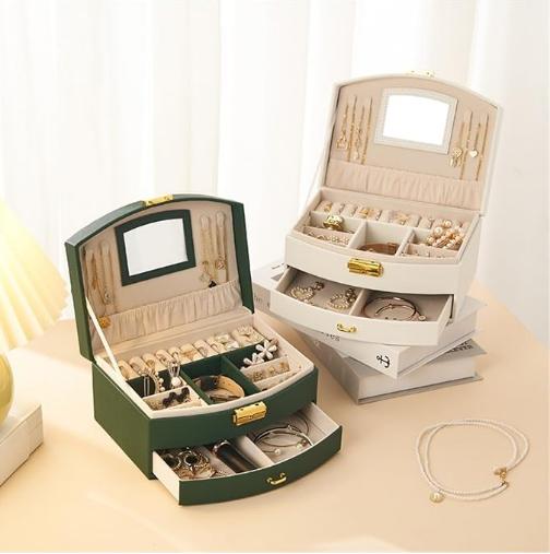 small room organization products.2-layer jewelry PU leather box, 1 set of large-capacity jewelry storage box with drawers, lockable jewelry box, portable mini travel case for jewelry display and storage, small portable case for storing rings, earrings