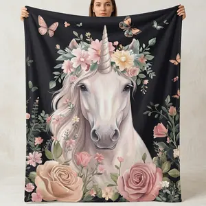 SLEEPWISH Vintage Dark Background Flower Crown Unicorn Flannel Blanket, Romantic Pink Floral Butterfly Pattern Warm Lightweight Throw Blanket For Living Room Holiday Gift For Girls