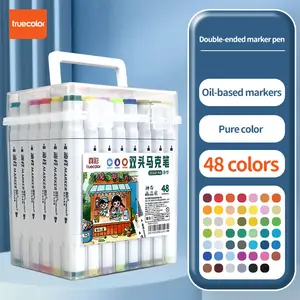 Truecolor 48colors  Dual Tip Markers Square Barrel Professional Art Set with Portable Carry Bucket