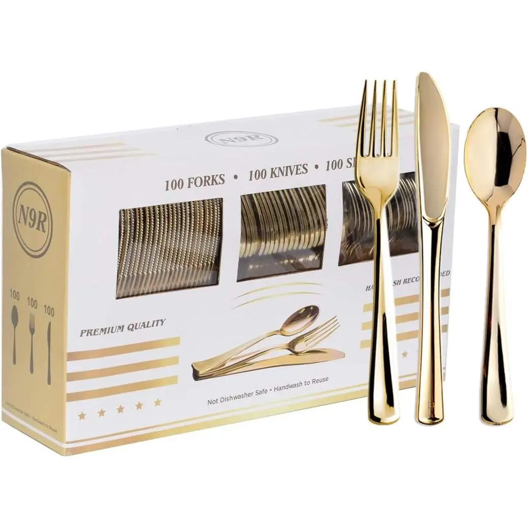 N9R 300PCS Gold Plastic Silverware, Heavy Duty Gold Plastic Cutlery Set Disposable Flatware Dinnerware, 100 Gold Forks, 100 Gold Spoons, 100 Gold Knives, Perfect for Party, Weeding and Daily Use