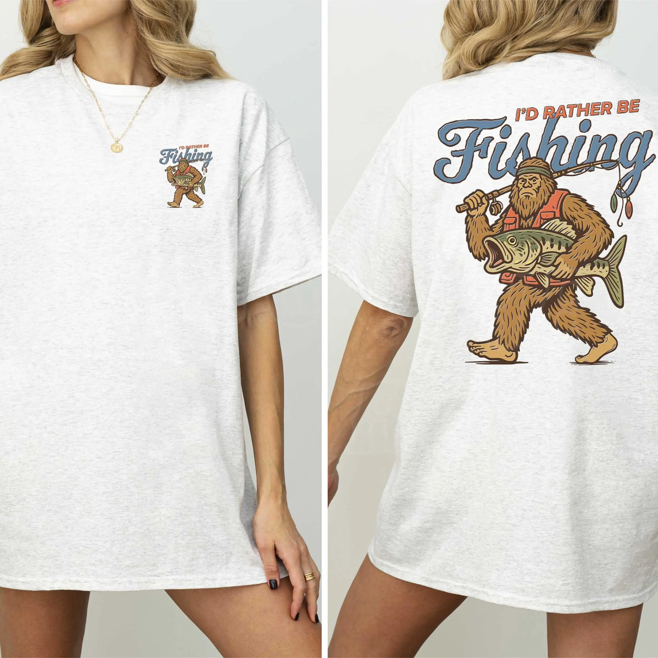 Retro Sasquatch Graphic Tee, Funny Bigfoot Fishing Youth Shirt, I'd Rather Be Fishing Fisherman 2-Sided Unisex T-Shirt, Perfect Gift For Men, Women, And Kids