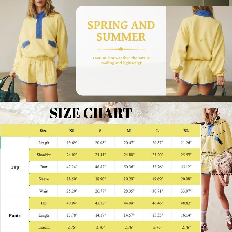 WoodBerry Women's Two Piece Workout Short Sets Summer Lounge Sweatsuits Long Sleeve Athletic Outfits Pullover Sweatshirt and Shorts Travel Tracksuit with Pockets