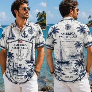 Nautical Hawaiian Shirt, America Yacht Club Vintage Print, Patriotic Beach Shirt, Sailboat Americana Tee, 4th of July Summer Shirt for Men