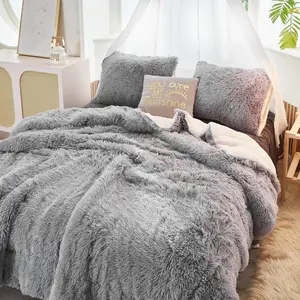 Luxury Faux Fur King Size Winter Comforter Set Shaggy Velvet Gray Long Hair, 3 Pieces Plush Flannel Backing Reversible Soft Microfiber Warm Bedding Set for