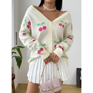 Elegant Cherry Pattern Mid-Length Cardigan, Stylish Button Front Sweater Coat for Fall & Winter, Casual Fashion Outerwear
