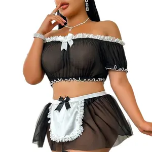 Sexy Lingerie Plus Size Lace See-through Tube Top Short Skirt Thong Maid Costume Set(Stockings Not Included) Womenswear Clothes