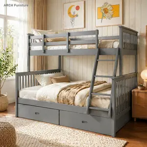 Solid Pine Wood Kids' Bunk Bed - Twin/Full Size, Multi-Child Bed with Safety Guardrail, Easy-Access Ladder, Storage Drawers, Headboard, Durable Gray Space-Saving Children's Furniture, Twin Size