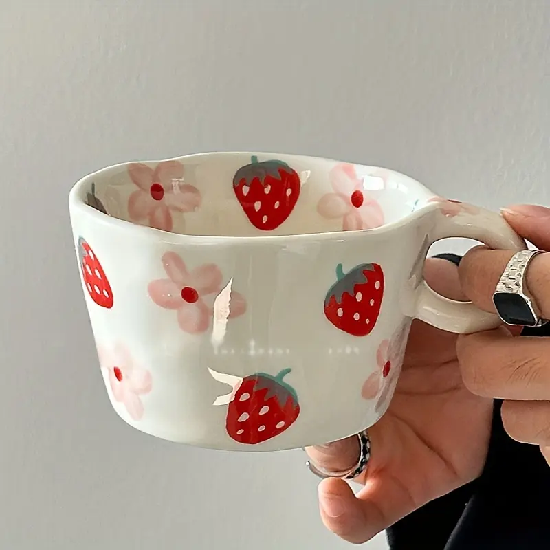 Strawberry Pattern Ceramic Coffee Cup, Stylish Ceramic Cups, Creative Art Design Coffee Mug, Reusable Drinkware for Home Office Use, Gift for Girlfriend, Tumblers, Ceramic Beverage Cup