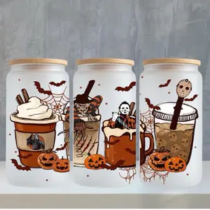 Halloween Iced Coffee Glass Cup with Lid and Straw - 16oz Frosted Glass Can, Coffee Mug