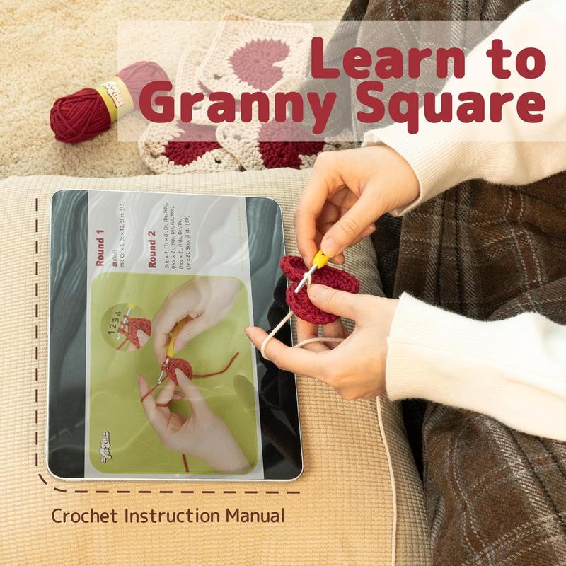 Crochet Kit for Beginners Granny Square Starter Kit Knitting Kit for Adults & Teens Including Yarn Crochet Hook Heart Design